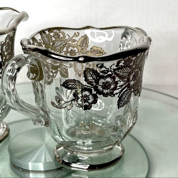 Fostoria Baroque Cream and Sugar with Silver Overlay of Wild Roses Elegant Glass - Picture 9 of 13